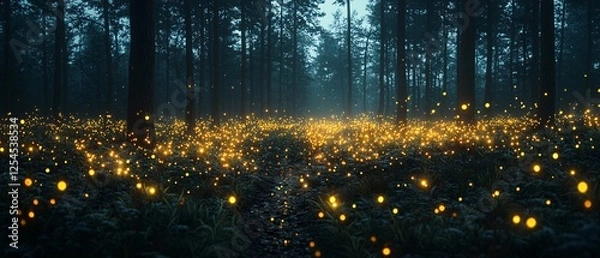 Fototapeta Enchanted Forest with Glowing Fireflies at Dusk and Misty Atmosphere