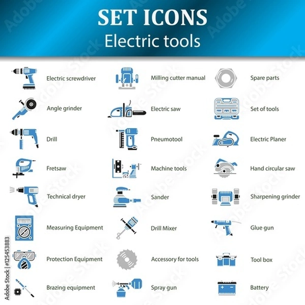 Fototapeta Icons of different electric tools for online store