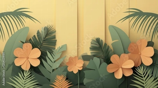 Fototapeta Vibrant Tropical Leaves and Flowers Digital Illustration on Soft Yellow Background for Nature-themed Projects and Home Decor - Perfect for Inviting Designs