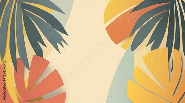 Fototapeta Vibrant Tropical Leaves Background with Colorful Paper Cuts in Green, Orange, and Yellow for Stylish Designs and Creative Projects