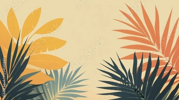 Fototapeta Vibrant Tropical Leaves Illustration in Warm Hues - Perfect for Nature-Themed Art and Background Designs, Ideal for Various Creative Projects.