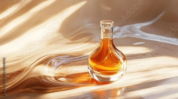 Fototapeta Elegant glass bottle filled with amber liquid casting shadows on a textured surface