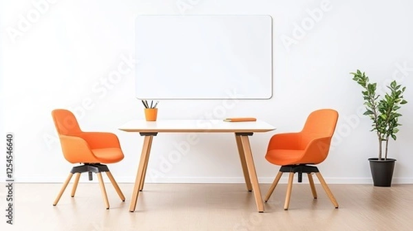 Fototapeta Modern office workspace with orange chairs, whiteboard, and plant in a bright environment