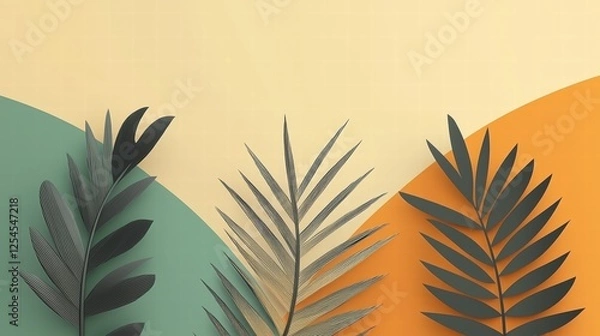 Fototapeta Vibrant Tropical Leaves on Soft Gradient Background for Nature-Themed Designs, Invitations, and Decor Projects, Ideal for Creative and Modern Aesthetics.