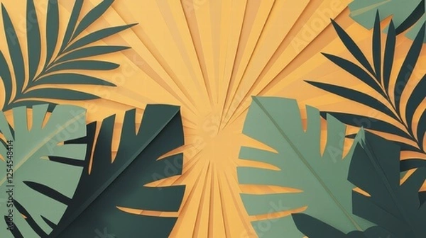 Fototapeta Vibrant Tropical Leaves with Warm Yellow Background - Modern Illustration for Summer Themes, Travel, and Relaxation - Perfect for Creative Projects and Decor