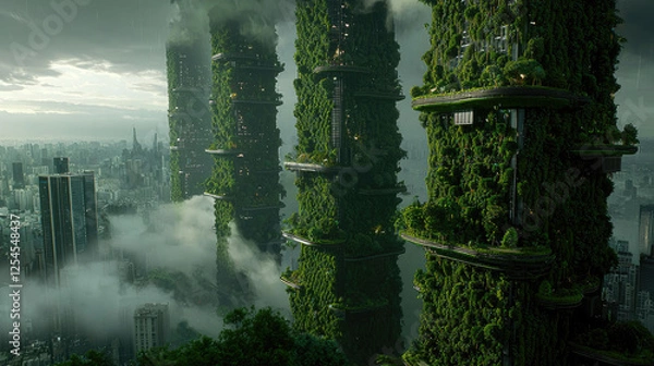 Fototapeta Futuristic cityscape featuring towering green skyscrapers amidst a cloudy skyline, with urban life below