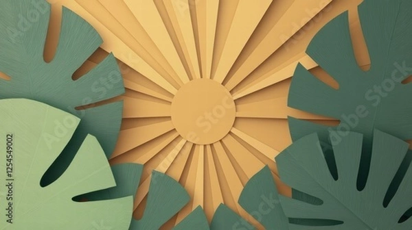 Fototapeta Vibrant Tropical Leaves with Sun Rays Design for Nature-Inspired Backgrounds and Modern Graphics, Ideal for Art, Decor, and Creative Projects