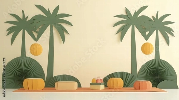 Fototapeta Vibrant Tropical Palm Tree Wall Art - Playful Paper Design with Sun Motifs Ideal for Summer Decor and Creative Interior Spaces