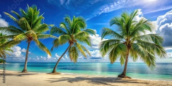 Fototapeta Palm trees swaying gently in the ocean breeze, beachside paradise