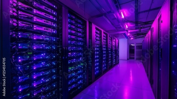 Fototapeta Illuminated Server Room:  A Data Center's Vibrant Core