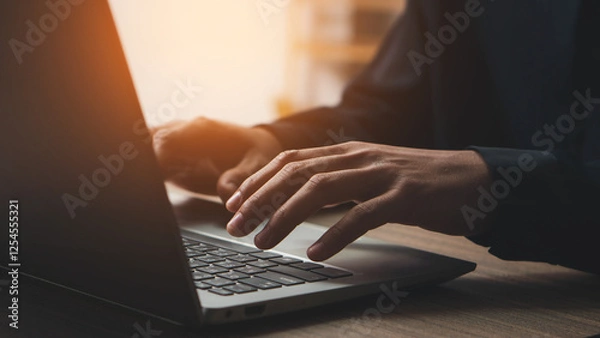 Fototapeta Closeup of businessman hand typing on laptop computer at office.  Business man working on computer device