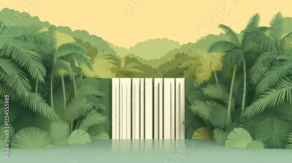 Fototapeta Vibrant Waterfall Surrounded by Lush Green Foliage and Tropical Plants in a Serene Digital Illustration with a Warm Yellow Background