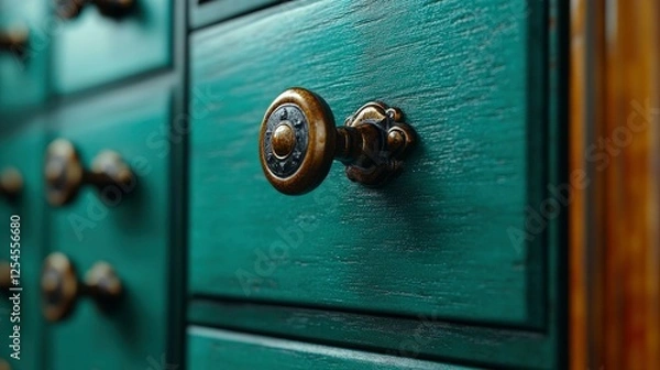 Fototapeta Intricate Brass Knob on Teal Wooden Drawer - Vintage Furniture Detail