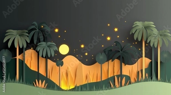 Fototapeta Whimsical Paper Art Landscape at Sunset Featuring Palm Trees and Glowing Stars – A Unique and Creative Nature Illustration for Stock Images