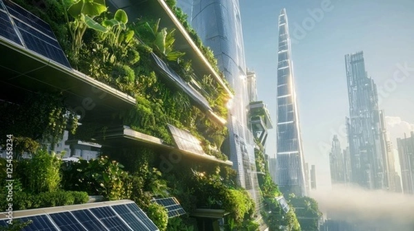 Fototapeta Futuristic Urban Architecture with Greenery and Solar Panels