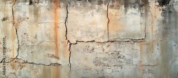 Fototapeta Cracked Concrete Wall:  A close-up shot of an aged concrete wall, revealing a network of deep cracks and fissures, with hints of rust and weathering, creating a rugged and textured surface.
