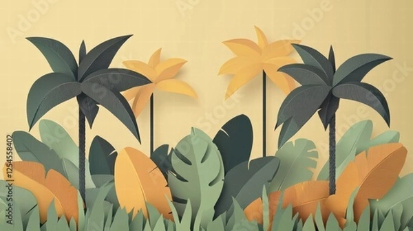Fototapeta Whimsical Tropical Palm and Leaf Illustration: Vibrant Colors and Lush Plant Life for Creative Design and Decoration Projects