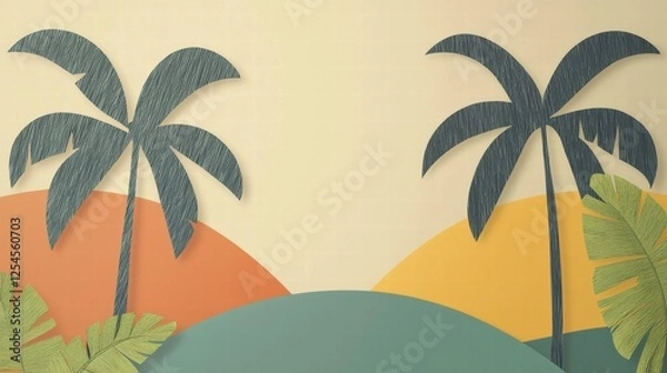 Fototapeta Whimsical Tropical Palm Trees Illustration with Colorful Background and Rolling Hills Ideal for Modern Decor and Summer-Themed Projects
