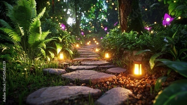Fototapeta Enchanted garden path with luminous lanterns and vibrant flora creating a magical serene scene