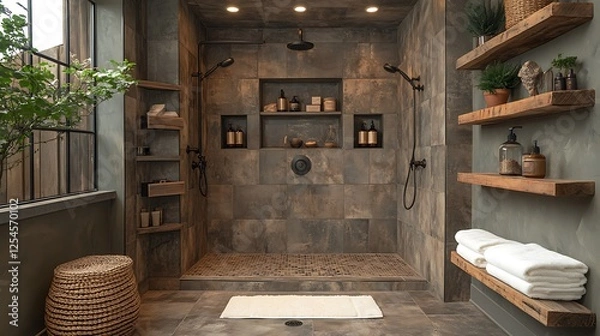 Obraz Spacious walk in shower featuring mocha mousse walls brass shower fixtures and wooden shelving