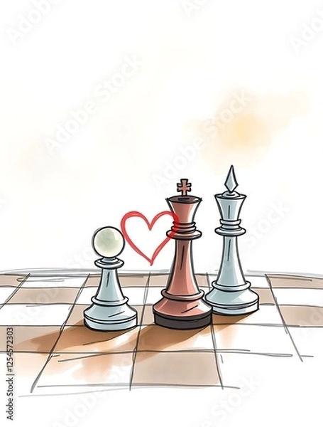 Fototapeta Pawn with Love Heart Between King and Queen Chess Pieces Concept