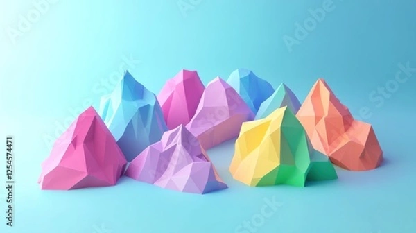 Fototapeta Colorful low-poly mountains on blue background; abstract art