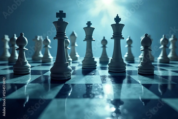 Fototapeta dramatic chess scene with illuminated pieces on board, creating strategic atmosphere