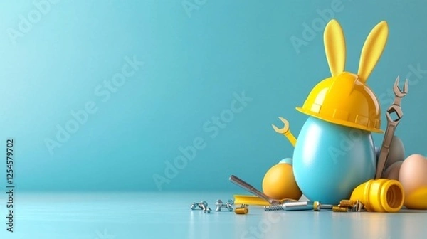 Fototapeta Easter Bunny with Tools and Gear on a Light Blue Background. Generative AI