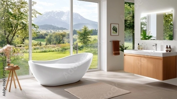 Fototapeta Serene and Luxurious Bathroom Oasis with Freestanding Bathtub Vanity and Mirror Surrounded by Panoramic Mountain Landscape View Through Expansive Window  Comfortable Cozy