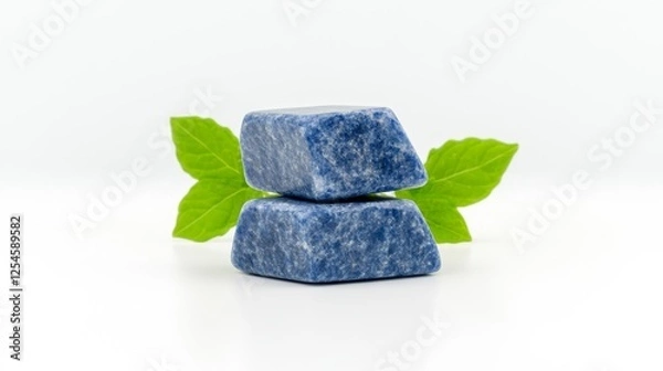 Fototapeta Two blue stones with leaves isolated on white background. Generative AI
