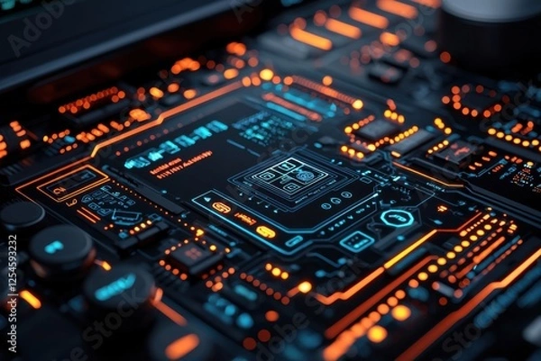 Fototapeta Sustainable Microchip Inside Electric Car Dashboard Glowing Futuristic Technology  Abstract Circuit Board Pattern with Illuminated Microchip on Automotive Electronic Panel