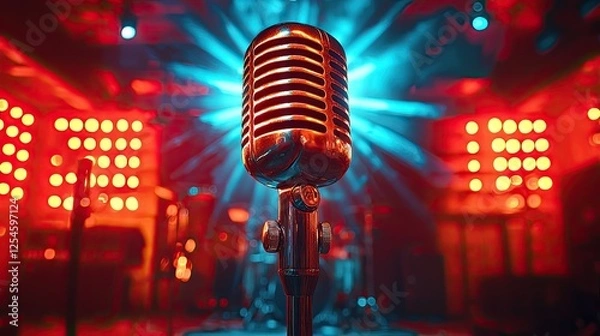 Fototapeta Vintage microphone in vibrant concert setting with colorful lights and energetic atmosphere