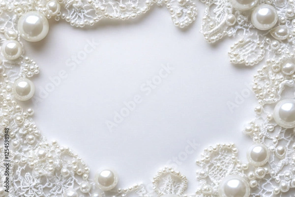 Obraz elegant white pearl and lace frame border background  for wedding or anniversary invitations