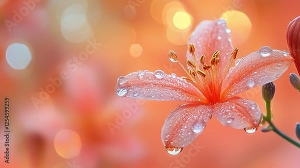 Fototapeta Close-up of a delicate pink flower with water droplets against a soft orange bokeh background