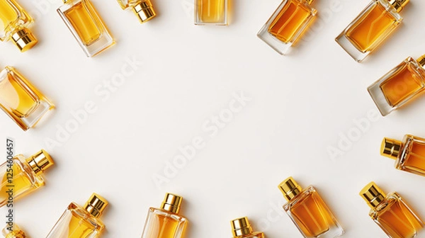 Fototapeta golden perfume bottles arranged on a white surface