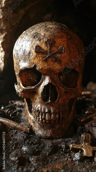 Fototapeta A weathered skull with crossbones surrounded by ancient relics in a dimly lit cave setting