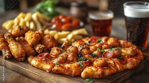 Obraz Delicious spread of pizza, chicken wings, and fries with drinks on a rustic wooden table