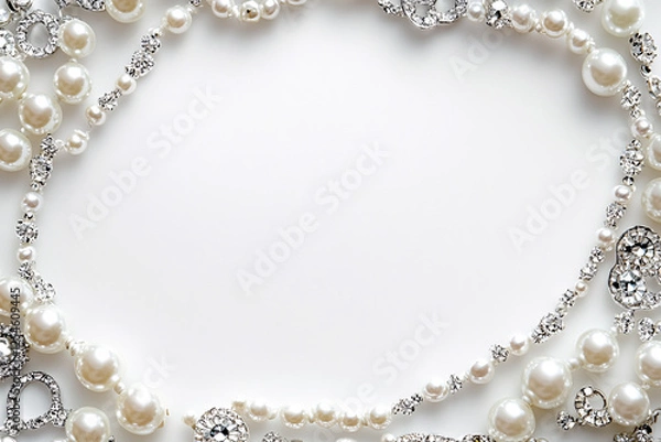 Obraz white pearl and rhinestone jewelry frame border on white background