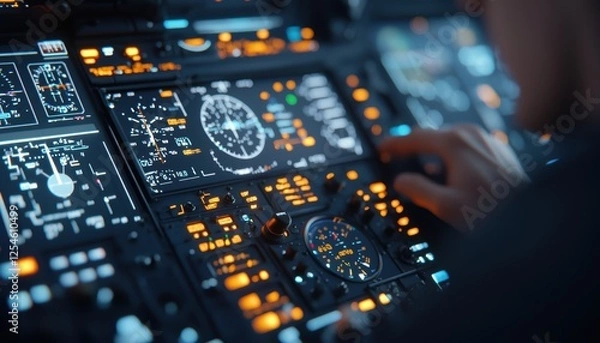 Obraz A close-up view of an aircraft cockpit dashboard, showcasing various controls, displays, and glowing indicators used for navigation.