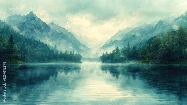 Fototapeta Misty Mountain Lake Landscape Painting
