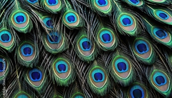 Fototapeta Close-up of vibrant peacock feathers with iridescent eye pattern