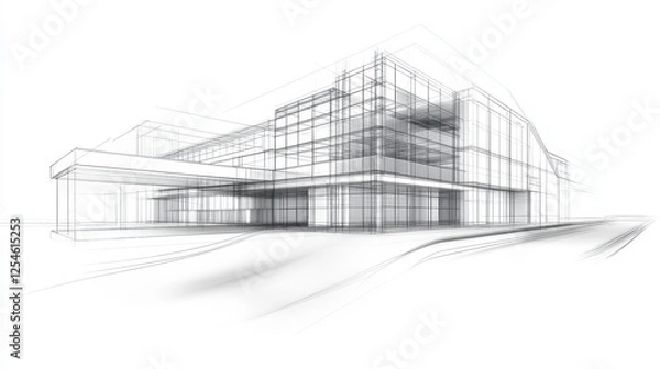 Fototapeta Intricate line drawing of a modern building, exploring architectural design and geometric perspectives