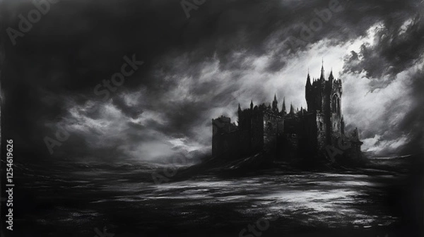 Obraz and moody charcoal artwork of a gothic castle under a stormy sky with dramatic lighting 