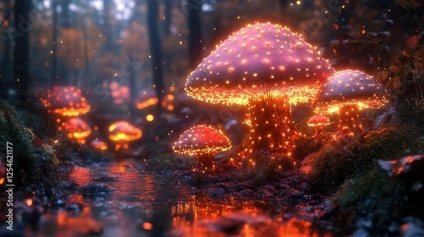 Fototapeta Enchanted forest scene with glowing mushrooms illuminating a serene stream in autumn
