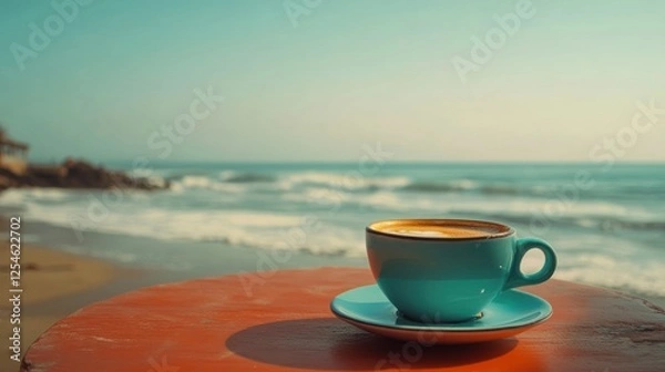 Obraz Teal coffee cup on table overlooking ocean waves.