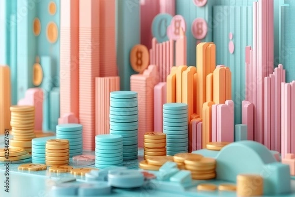 Fototapeta A colorful 3D representation of a cityscape with stacked coins and buildings, emphasizing finance and urban growth.