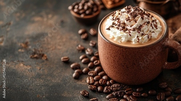 Fototapeta Creamy coffee topped with chocolate shavings surrounded by coffee beans and rustic decor