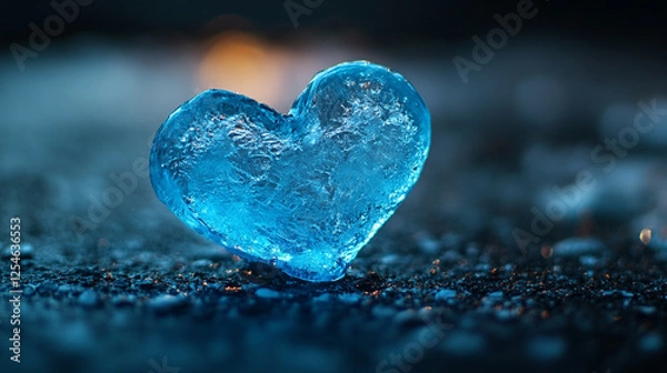 Fototapeta A heart-shaped ice melting on a dark surface, revealing intricate texture and form. The absence of sunlight and blurred background create a sense of chaos, emphasizing the delicate yet fleeting nature