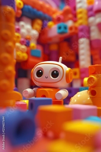 Fototapeta Toy robot explores city of colorful building blocks. Ideal kid's blog image