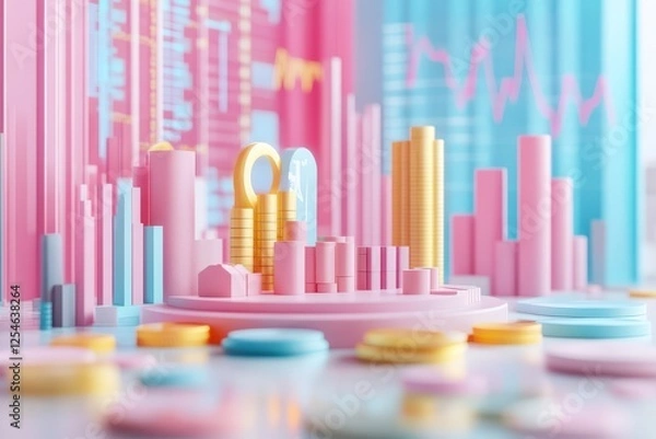 Fototapeta A vibrant, modern 3D scene depicting colorful charts and graphs, representing financial growth and data analysis in a playful, artistic style.